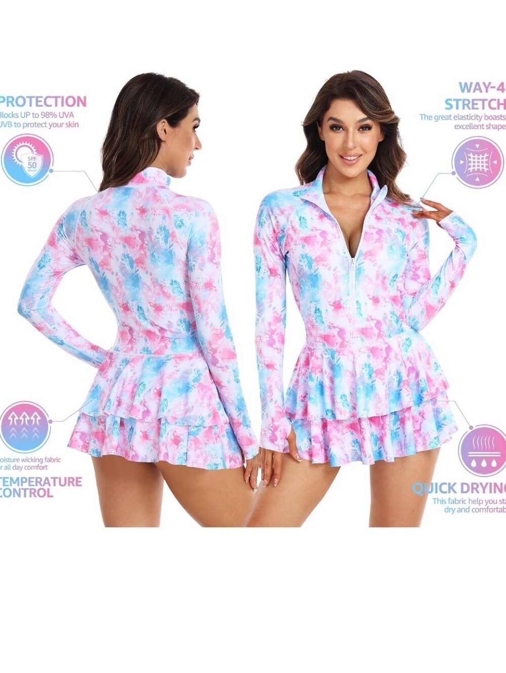 Pink & Blue Tie-Dye Long Sleeve Swim Dress With Shorts Size M - Picture 2 of 7